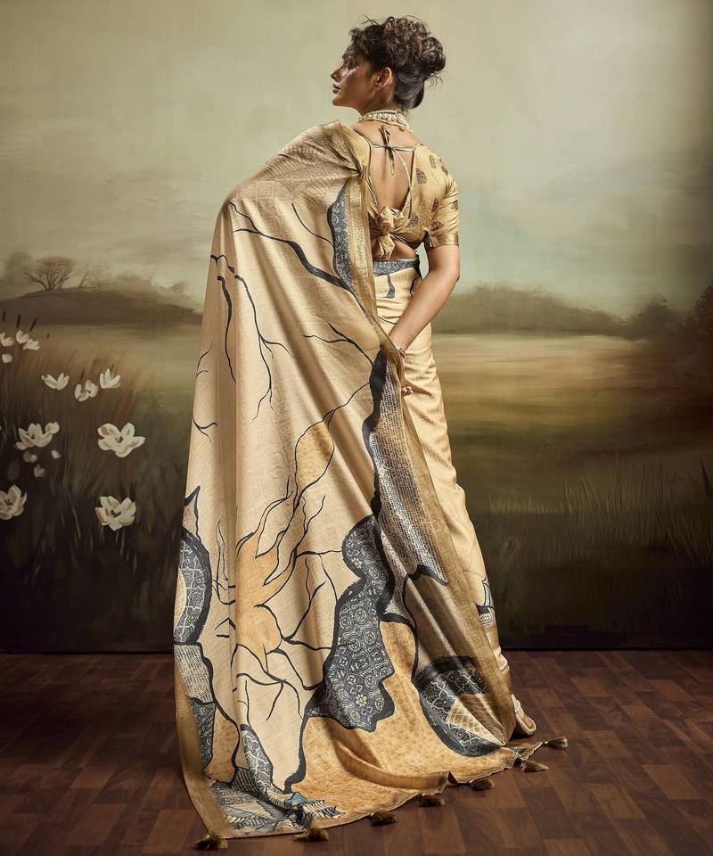 Beige color jacquard silk fabric fabric beautiful floral print saree