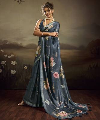 Blue color jacquard silk fabric fabric beautiful floral print saree 1