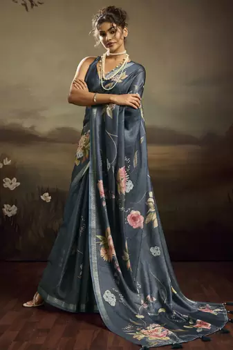 Blue color jacquard silk fabric fabric beautiful floral print saree
