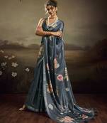 Blue color jacquard silk fabric fabric beautiful floral print saree