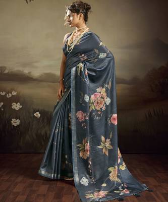 Blue color jacquard silk fabric fabric beautiful floral print saree 2