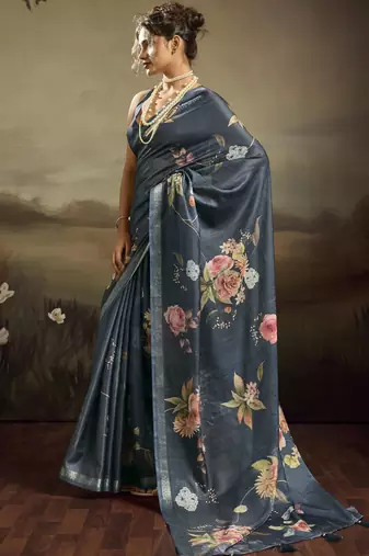 Blue color jacquard silk fabric fabric beautiful floral print saree