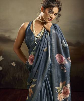 Blue color jacquard silk fabric fabric beautiful floral print saree 3