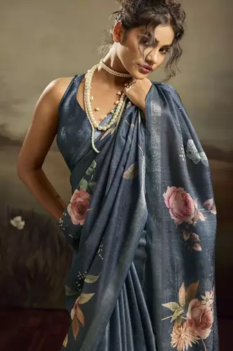 Blue color jacquard silk fabric fabric beautiful floral print saree