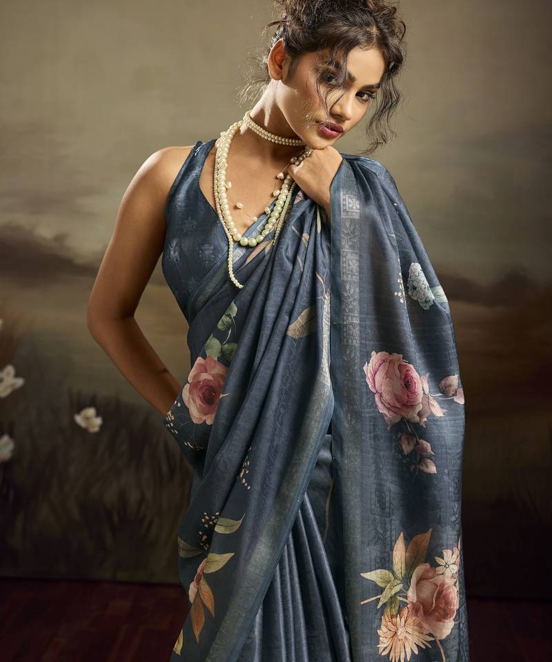 Blue color jacquard silk fabric fabric beautiful floral print saree
