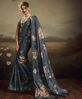 Blue color jacquard silk fabric fabric beautiful floral print saree 4