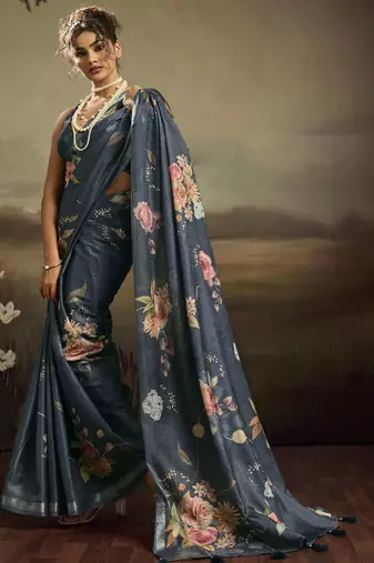 Blue color jacquard silk fabric fabric beautiful floral print saree