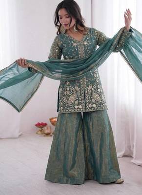 Sea green embroidered fendy kurta set with dupatta 1