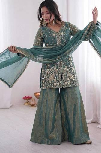 Sea green embroidered fendy kurta set with dupatta