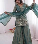 Sea green embroidered fendy kurta set with dupatta