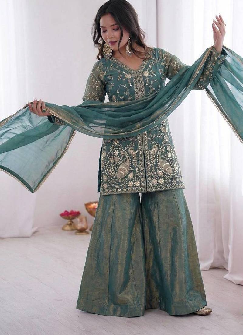 Sea green embroidered fendy kurta set with dupatta