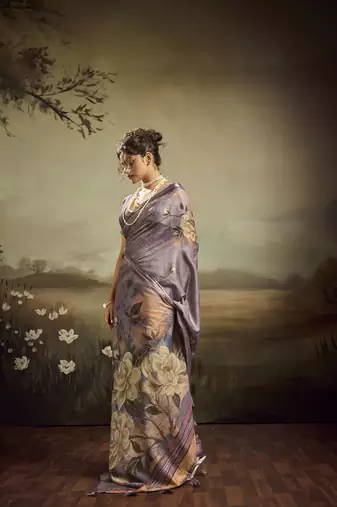 Purple color jacquard silk fabric fabric beautiful floral print saree