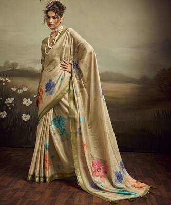 Beige color jacquard silk fabric fabric beautiful floral print saree 1