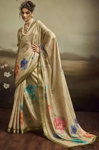 Beige color jacquard silk fabric fabric beautiful floral print saree