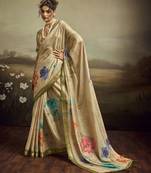 Beige color jacquard silk fabric fabric beautiful floral print saree
