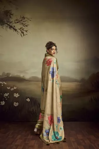 Beige color jacquard silk fabric fabric beautiful floral print saree