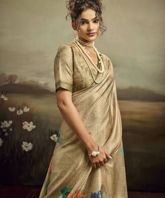 Beige color jacquard silk fabric fabric beautiful floral print saree 3