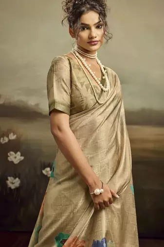 Beige color jacquard silk fabric fabric beautiful floral print saree