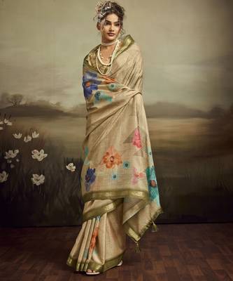 Beige color jacquard silk fabric fabric beautiful floral print saree 4
