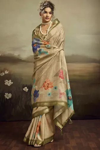 Beige color jacquard silk fabric fabric beautiful floral print saree