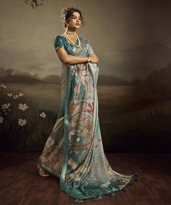 Aqua green color jacquard silk fabric fabric beautiful floral print saree 1
