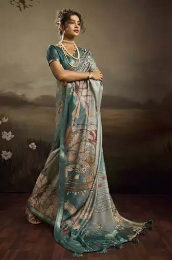 Aqua green color jacquard silk fabric fabric beautiful floral print saree