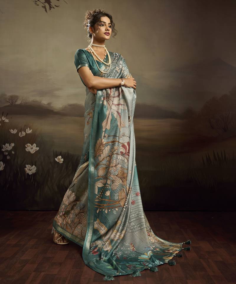 Aqua green color jacquard silk fabric fabric beautiful floral print saree