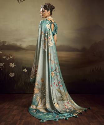 Aqua green color jacquard silk fabric fabric beautiful floral print saree 2