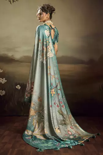Aqua green color jacquard silk fabric fabric beautiful floral print saree