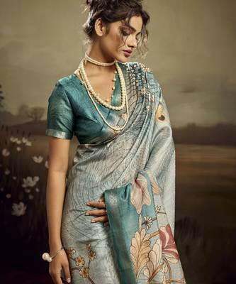 Aqua green color jacquard silk fabric fabric beautiful floral print saree 3