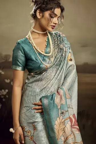 Aqua green color jacquard silk fabric fabric beautiful floral print saree