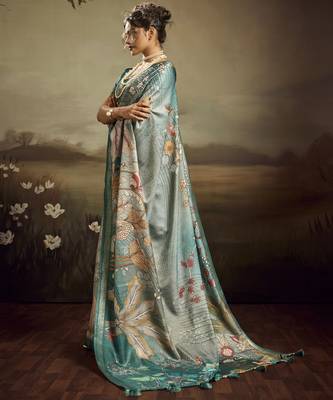 Aqua green color jacquard silk fabric fabric beautiful floral print saree 4