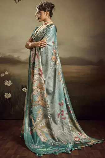 Aqua green color jacquard silk fabric fabric beautiful floral print saree