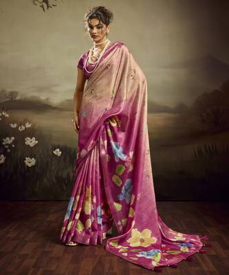 Rose pink color jacquard silk fabric fabric beautiful floral print saree 1