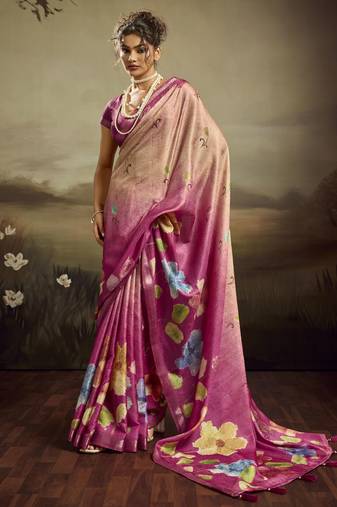 Rose pink color jacquard silk fabric fabric beautiful floral print saree