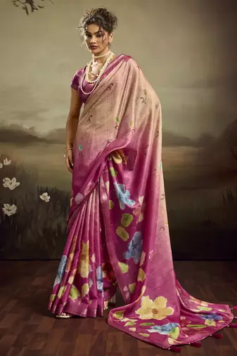 Rose pink color jacquard silk fabric fabric beautiful floral print saree