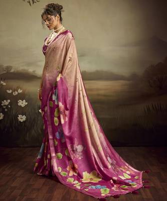 Rose pink color jacquard silk fabric fabric beautiful floral print saree 2