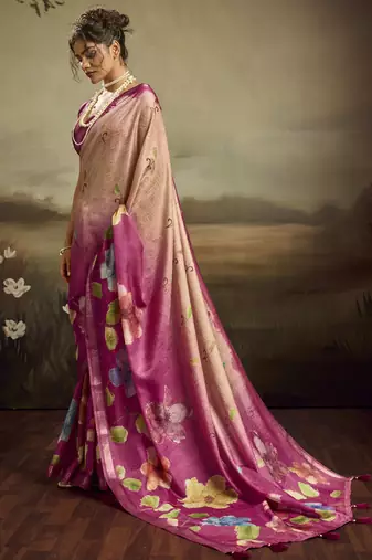 Rose pink color jacquard silk fabric fabric beautiful floral print saree