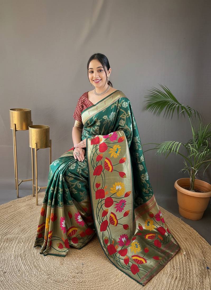 Green silk blend saree with rich weaved heavy pallu & 3d traditional design with gold and silver zari