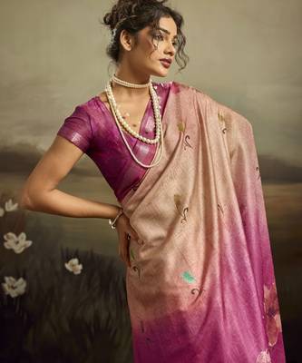 Rose pink color jacquard silk fabric fabric beautiful floral print saree 3