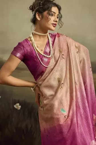 Rose pink color jacquard silk fabric fabric beautiful floral print saree