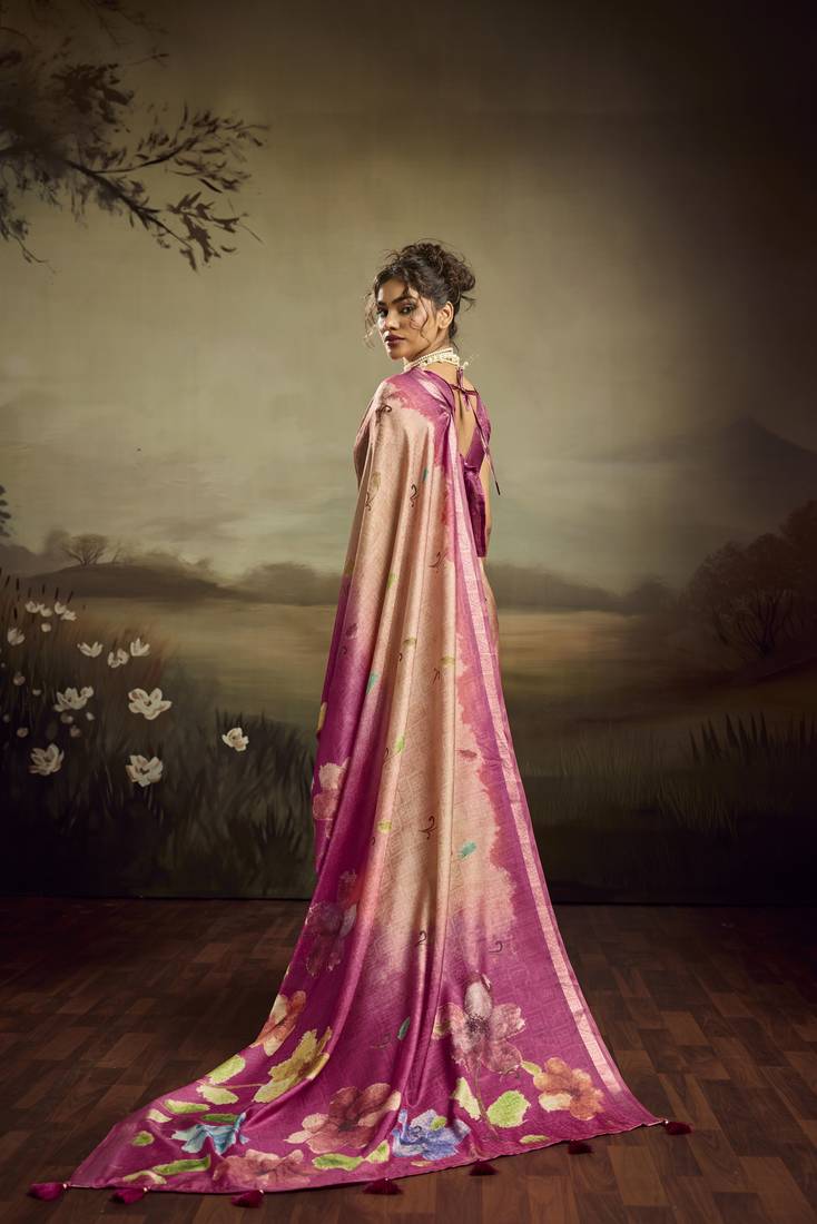Rose pink color jacquard silk fabric fabric beautiful floral print saree