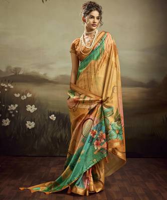 Mustard color jacquard silk fabric fabric beautiful floral print saree 1