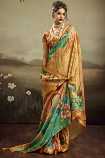 Mustard color jacquard silk fabric fabric beautiful floral print saree