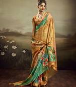 Mustard color jacquard silk fabric fabric beautiful floral print saree
