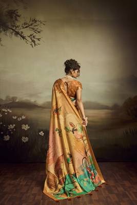 Mustard color jacquard silk fabric fabric beautiful floral print saree 2