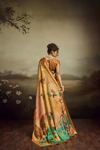 Mustard color jacquard silk fabric fabric beautiful floral print saree