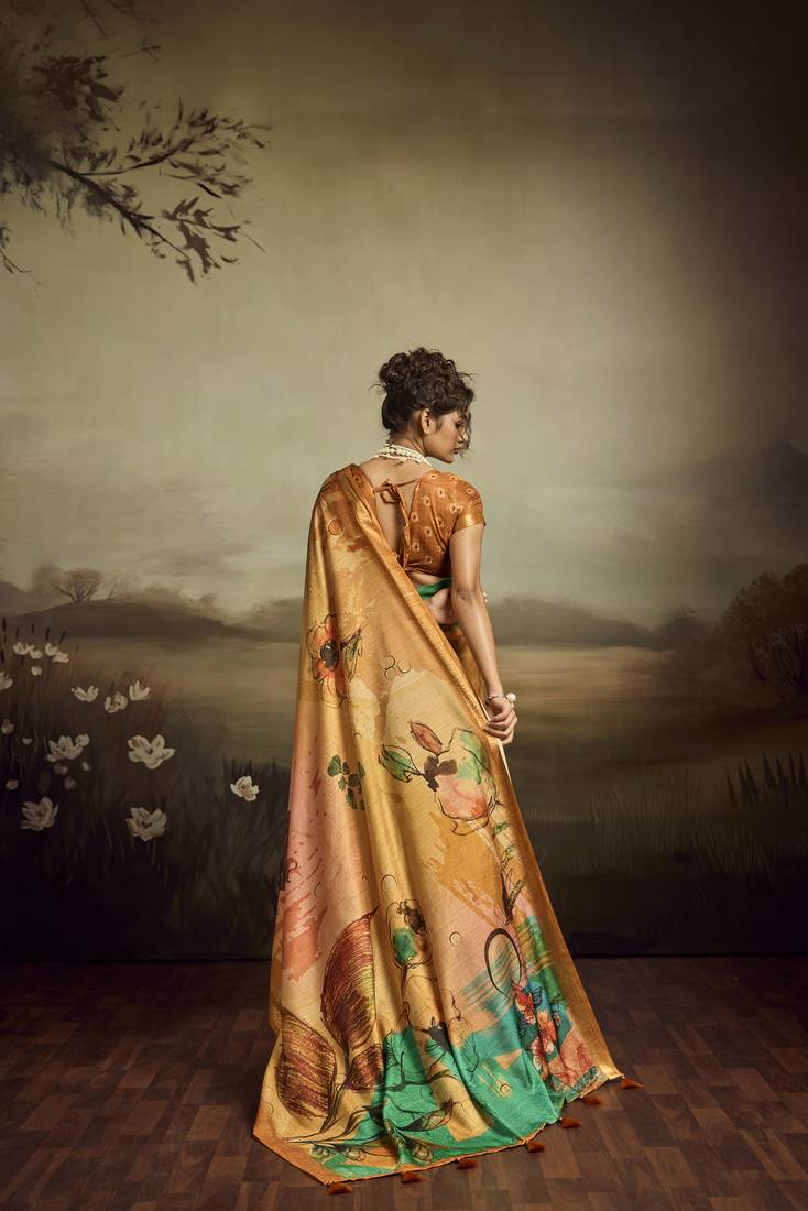 Mustard color jacquard silk fabric fabric beautiful floral print saree