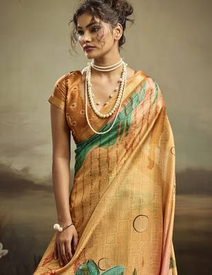 Mustard color jacquard silk fabric fabric beautiful floral print saree 3
