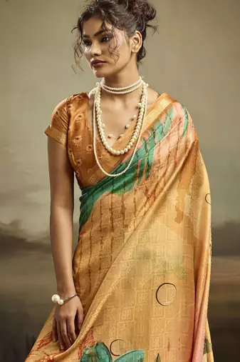 Mustard color jacquard silk fabric fabric beautiful floral print saree